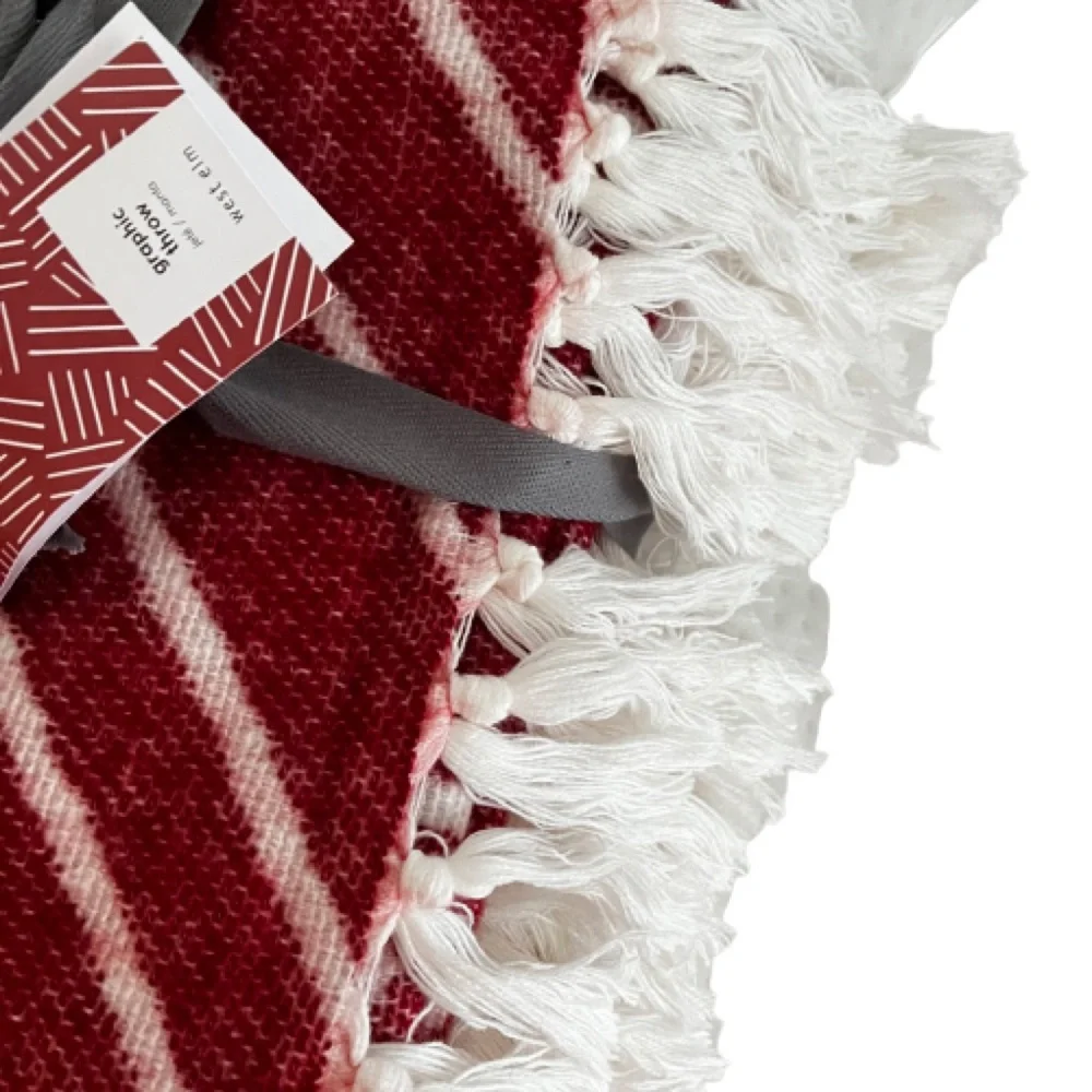 West Elm Red & White Line Pattern Fringe Knit Throw Blanket Size 50” x 60”